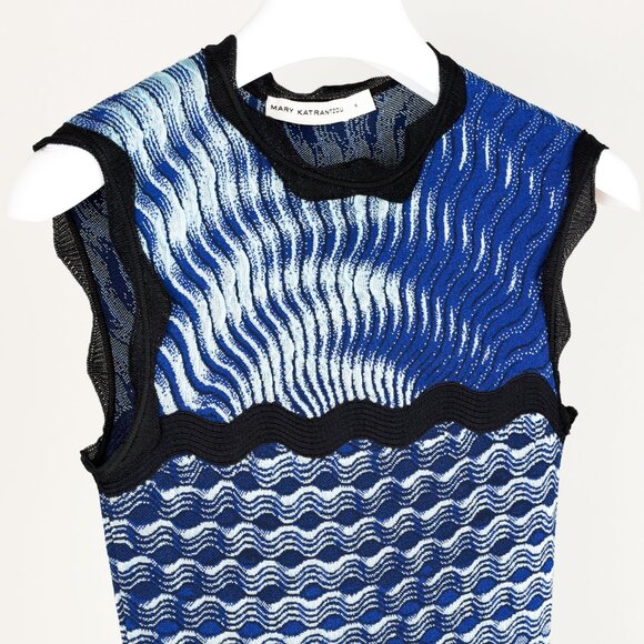 Mary Katrantzou PF/16 Swisher Blue Sleeveless Wavy Print Knit Dress - Picture 4 of 12